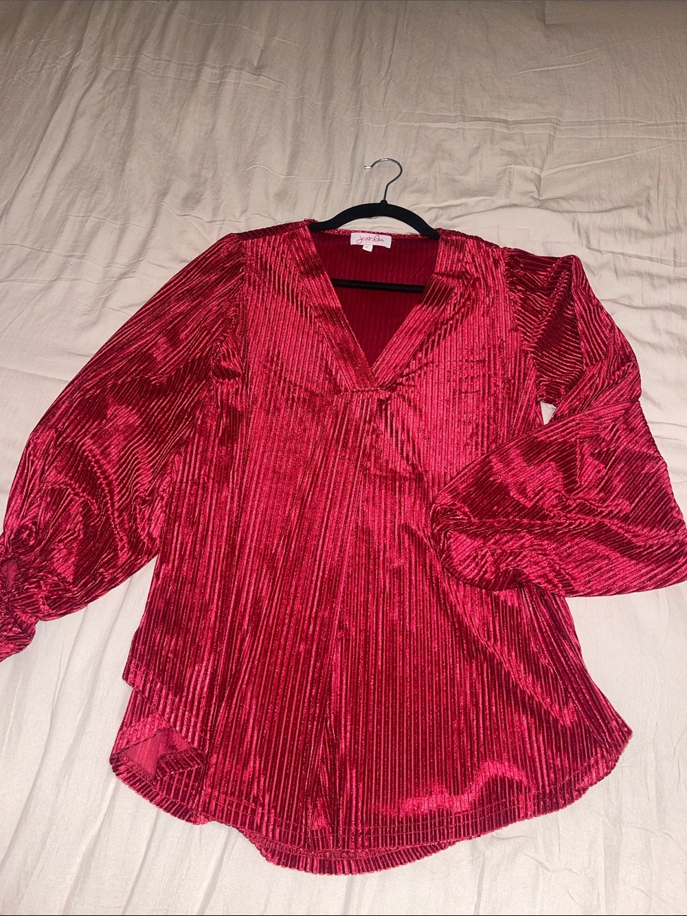 Women's Red Pleated V-Neck Blouse with Balloon Sleeves